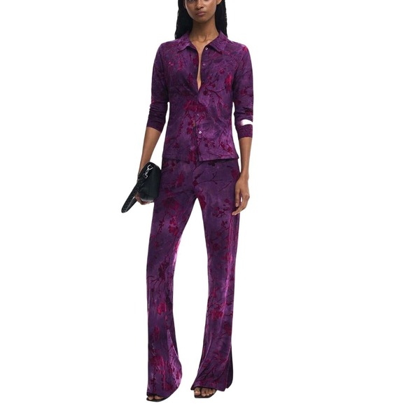 Desigual Pants - DESIGUAL Purple Floral Devore Burnout Velvet Flared Fluid Pants Size S